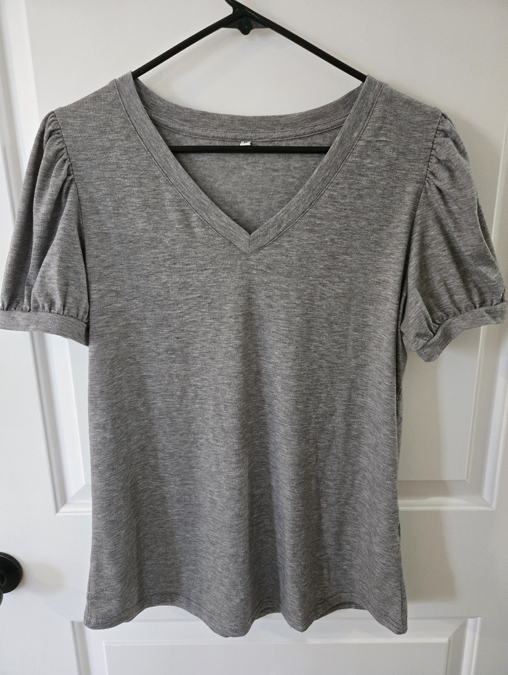 Classic Gray V-Neck Puff Sleeve Top - Women